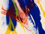 une peinture abstraite composée de lignes bleues, jaunes et rouges