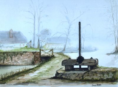 une aquarelle représentant une vieille pompe à eau au bord de la route