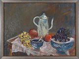a painting of a teapot and bowl of fruit on a table