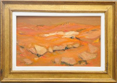 une peinture à l'huile représentant un paysage désertique avec des rochers au premier plan