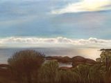 un tableau représentant une vue sur l'océan depuis une colline