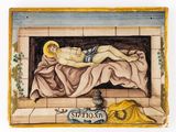 a picture of a painting of a man laying on a bed