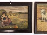 two paintings of a woman and a dog hanging on a wall