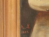 an oil painting of a woman in a white dress holding a brown purse