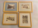 quatre photographies encadrées représentant une rue de la ville avec un train sur les rails