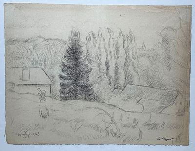 dessin au crayon représentant un arbre dans un champ, avec une grange en arrière-plan