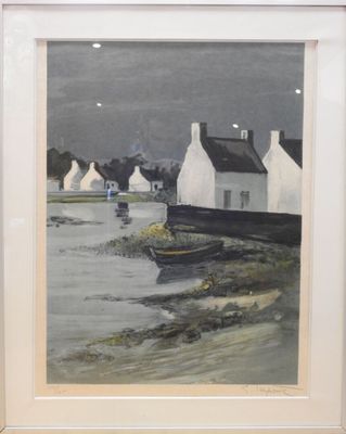 painting of a boat in a body of water with a house in the background