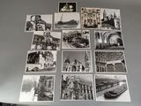 several black and white photos of a bunch of buildings on a table