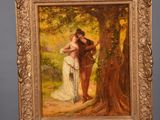 an oil painting of a woman and a man in a wooded setting