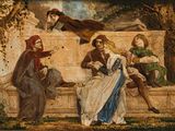 une image représentant un tableau où l'on voit un groupe de personnes assises sur un mur de pierre
