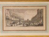 un vieux dessin représentant une scène de rue avec une calèche au premier plan