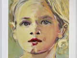 an oil painting of a young girl with blonde hair and blue eyes