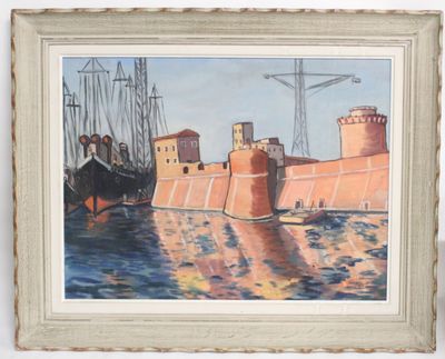 J DUNAN Vue de port. Huile sur panneau 47 x 59 cm Signée en …