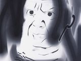 un dessin en noir et blanc représentant un homme en chemise rayée