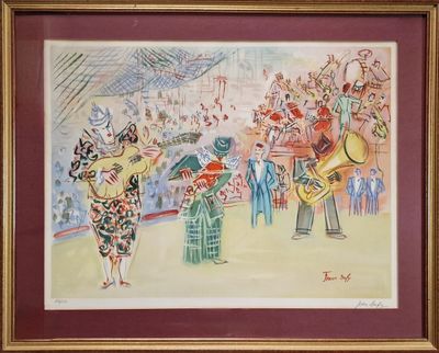 tableau représentant une femme en robe colorée et un homme en costume jouant d'un instrument de musique