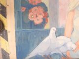 a painting of a woman and a bird on the wall