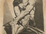un vieux dessin représentant un homme à genoux sur le sol, un couteau à la main