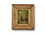 une peinture à l'huile représentant un voilier en mer sous un ciel nuageux