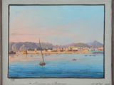an oil painting of a sailboat on the water near a beach