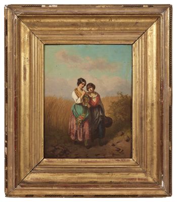 un tableau représentant deux femmes dans un champ avec un chien