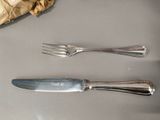 two forks and a knife sitting on a table