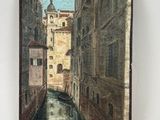 an oil painting of a canal in a city with buildings