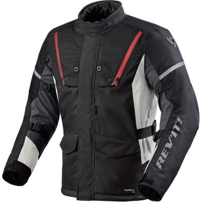 a picture of a black and white jacket with red accents