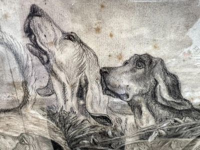 Dessin Chiens de chasse, sur deux feuillets, daté 12 avril 1…
