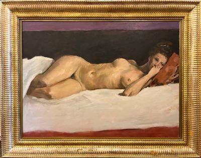 a painting of a nude woman laying on a bed