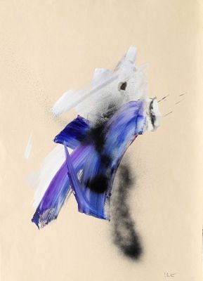 peinture abstraite représentant un chat bleu et blanc sur fond beige