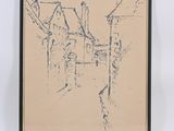 drawing of a house in a city with a clock on the wall