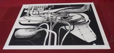 black and white drawing of a musical instrument on a red surface