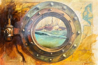 tableau représentant le hublot d'un navire, dans lequel figure un autre tableau représentant un navire