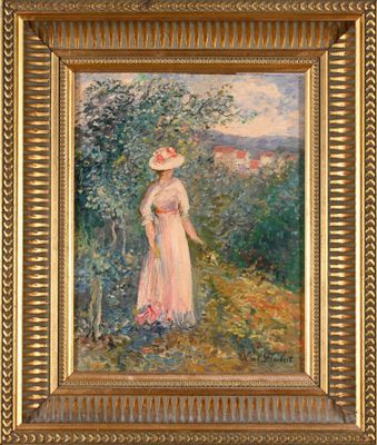 an oil painting of a woman in a pink dress and hat