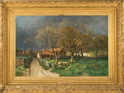 une image représentant un tableau représentant une scène de vie à la ferme, avec des moutons au premier plan