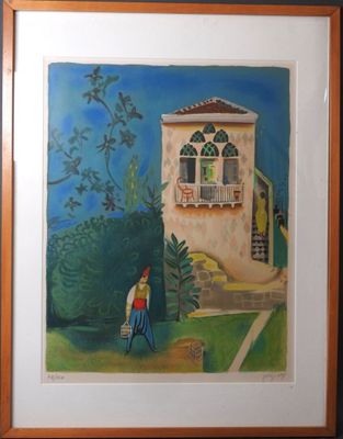 tableau représentant une femme marchant devant une maison avec un chien en laisse