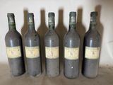 six bottles of wine are lined up on a shelf