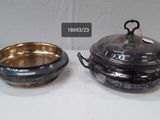 pair of silver plated dishes with lids and handles