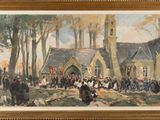 an oil painting of a church with a crowd of people in front of it