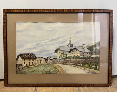 tableau encadré représentant une scène rurale avec une église et une route