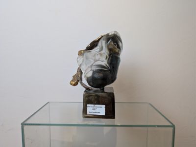 une vitrine en verre sur laquelle est posée une sculpture représentant une tête d'homme