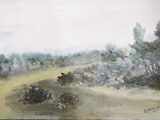 a painting of a field with trees in the background