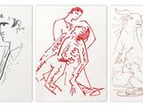 trois dessins représentant un homme et une femme debout l'un à côté de l'autre