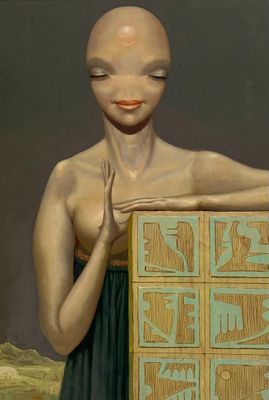 un tableau représentant une femme tenant une boîte sur laquelle figure un visage d'extraterrestre