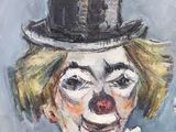 painting of a clown wearing a top hat and a scarf