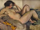tableau représentant une femme nue assise sur un canapé, les jambes croisées