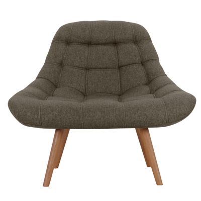 une chaise grise avec des pieds en bois et un coussin dessus