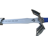 a blue and white sword that is on a white surface