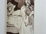 drawing of a man and a woman in a bed with a cat