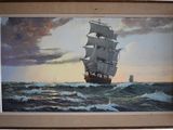 painting of a sailing ship in the ocean with a sunset in the background
